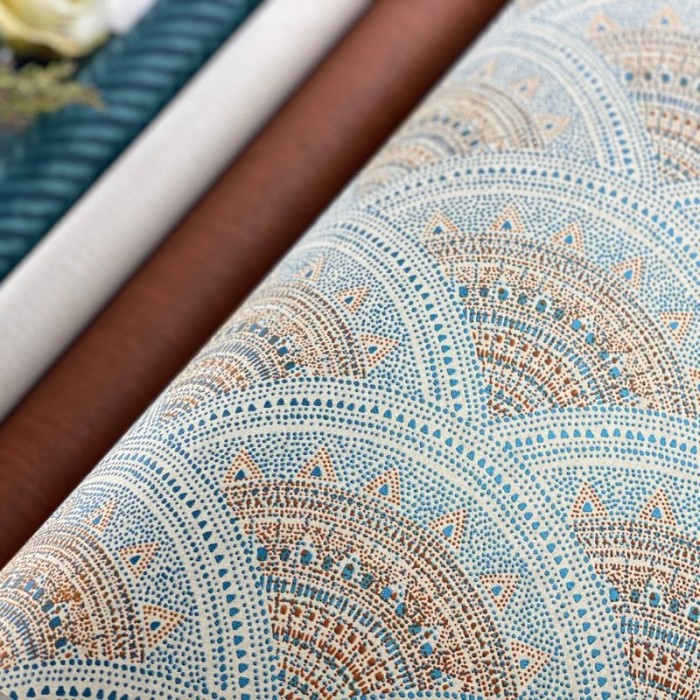 Khroma|Papier peint brocart arabesque éventails bleu et cuivre|Papier Peint