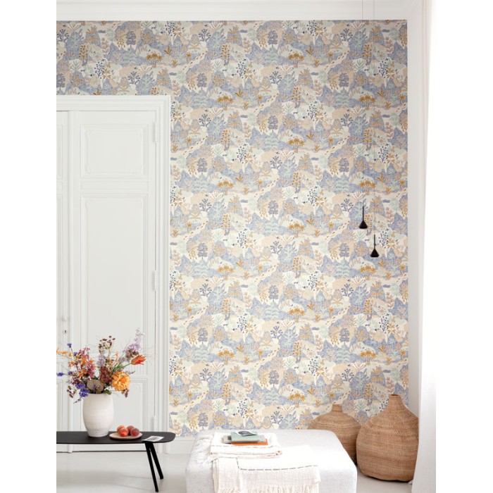 Papeldecor|Papel pintado paisajístico estilo arabesco tonos azules y dorados|Papel Pintado