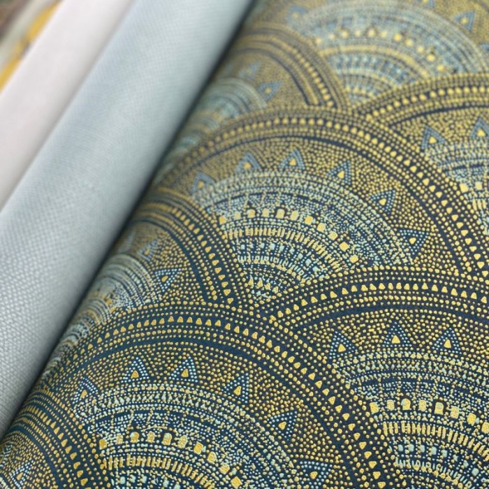 Papeldecor|Papel pintado abanicos con brocado en relieve azul turquesa y amarillo|Papel Pintado