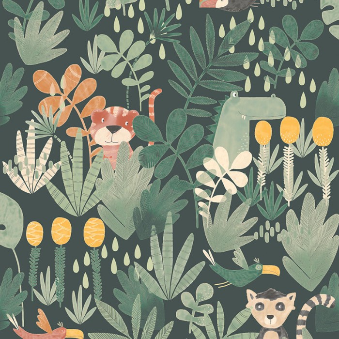 Papel Pintado selva infantil verde con animales - Khroma Be Happy HAP005