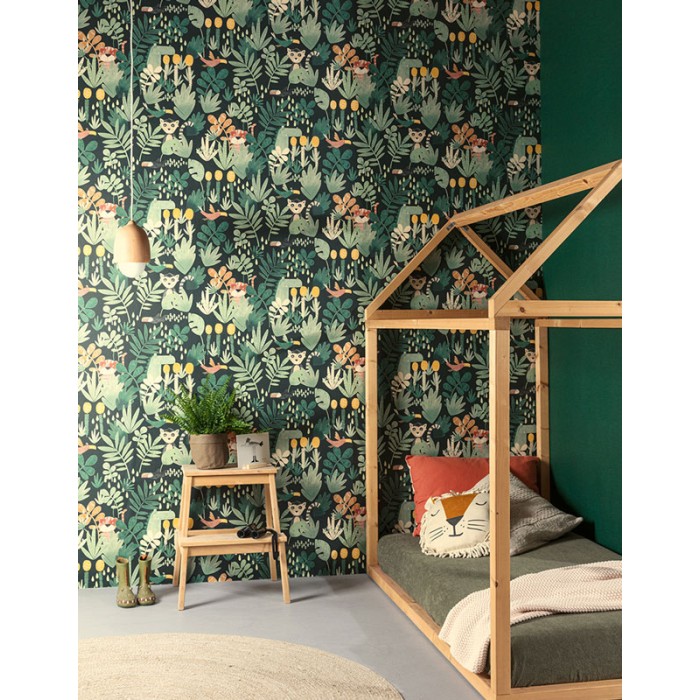 Papel Pintado selva infantil verde con animales - Khroma Be Happy HAP005