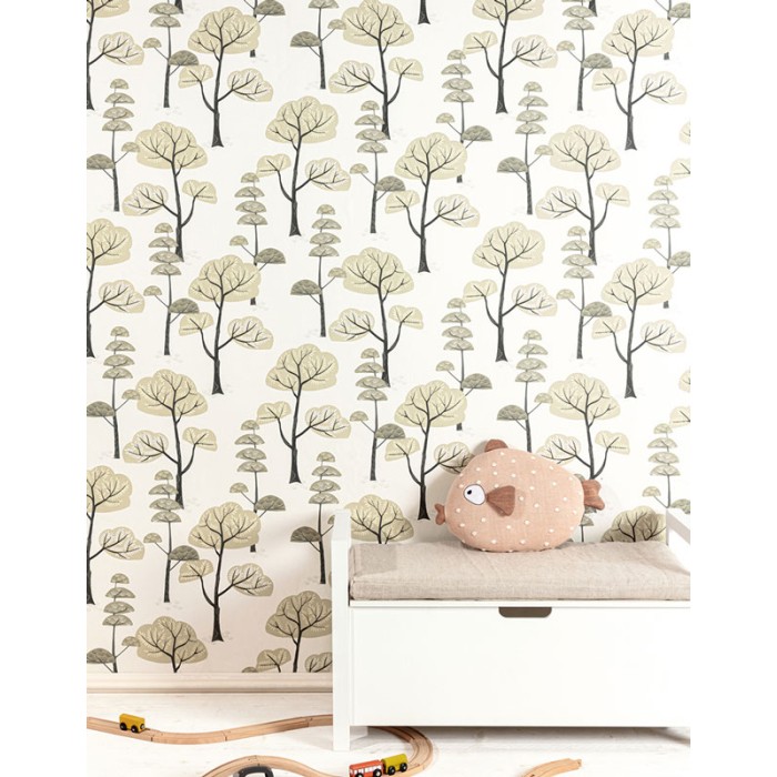 Khroma|Kinder-Wald-Tapete Pastellbeige Weißgrund|Tapeten