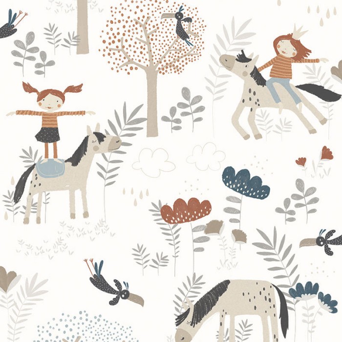 Khroma|Papel Pintado infantil beige pastel con ponys y caballos|Papel Pintado