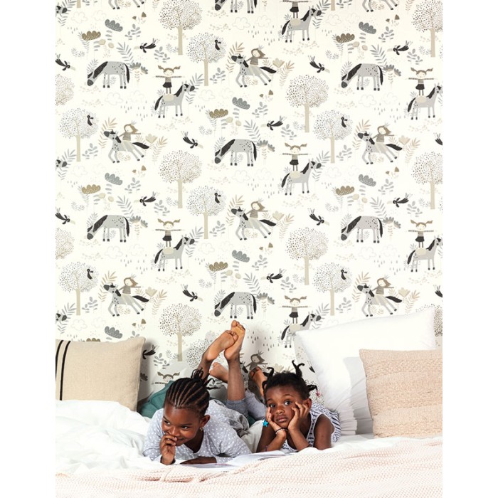 Khroma|Papier peint enfant poneys beige et gris|Papier Peint