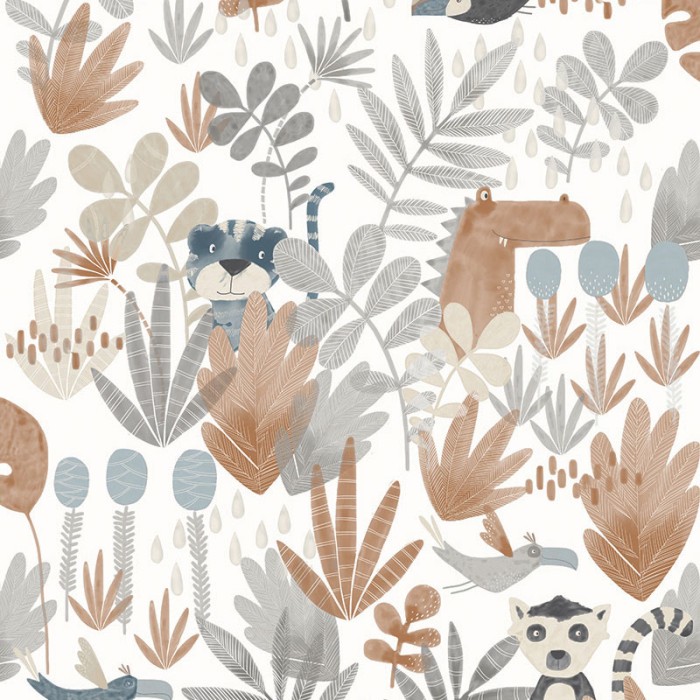 Papel pintado infantil tonos pastel vida salvaje marrón y gris -  222-2140