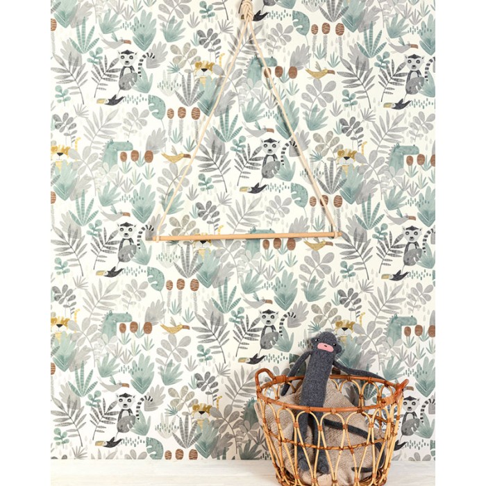 Papeldecor|Wallpaper jungle kids wild animals green and grey|Wallpaper