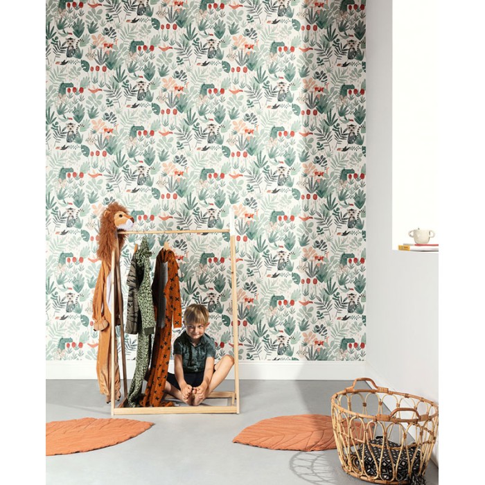 Papeldecor|Papel pintado infantil verde con animales salvajes|Papel Pintado