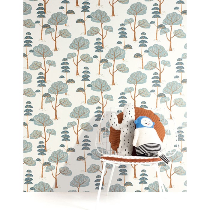 Papeldecor|Forest-themed children's wallpaper with blue, turquoise trees and a white background|Wallpaper