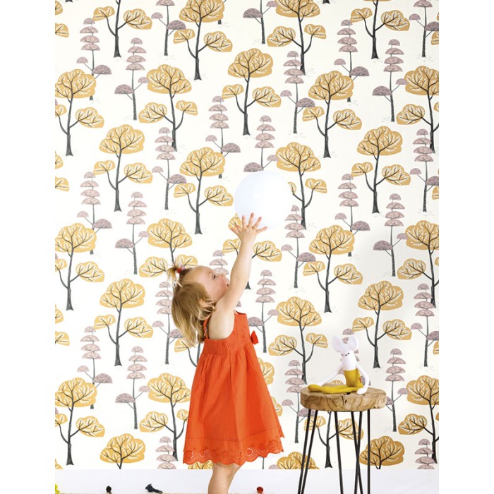 Papeldecor|Kindertapete mit lustigen Bäumen ocker und rosa|Tapeten