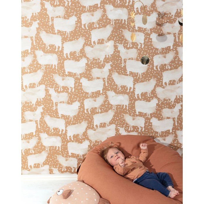 Papeldecor|Papier peint enfant marron avec troupeau de moutons|Papier Peint
