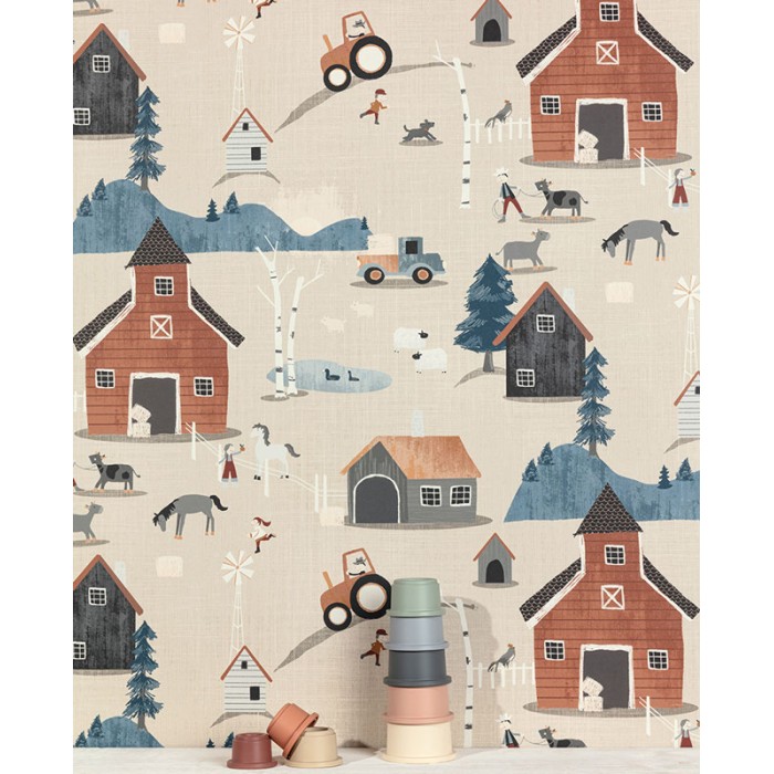 Papeldecor|Wallpaper for children's farm with pastel beige tones|Wallpaper