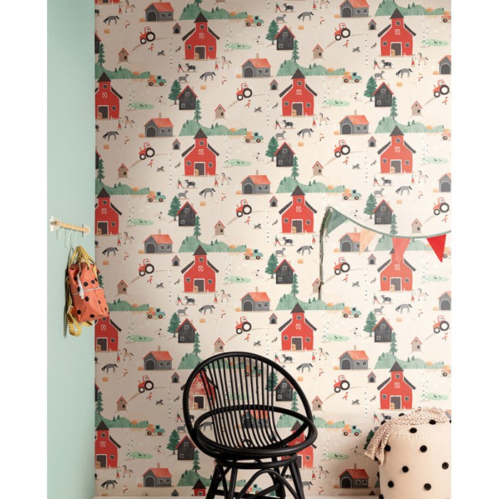 Papel pintado infantil con animales de la granja, beige pastel -  222-2153