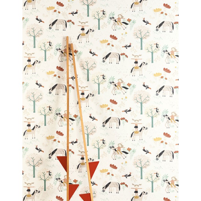 Papeldecor|Papel pintado infantil con dibujos de árboles y ponys|Papel Pintado
