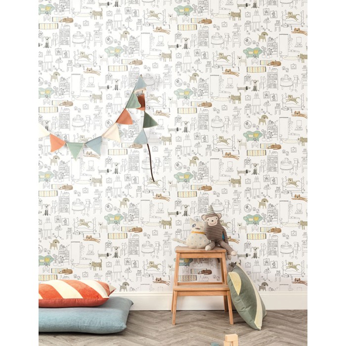 Papeldecor|Children's wallpaper with fun puppy drawings|Wallpaper