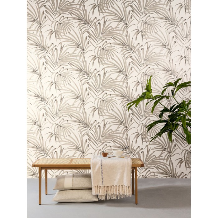 Khroma|Papel Pintado hojas de palma marrón con brillo fondo crema|Papel Pintado