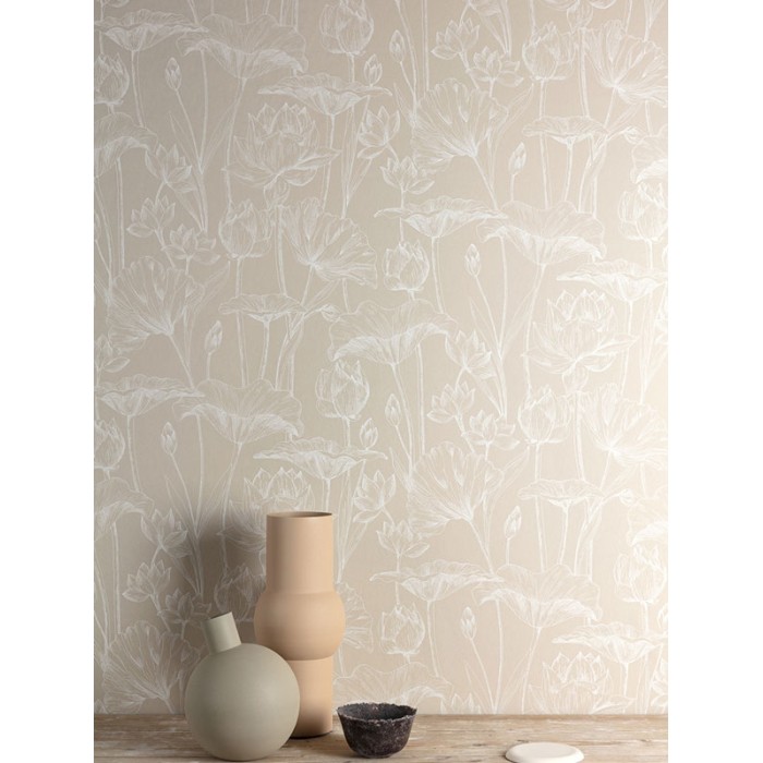 Khroma|Papel Pintado flores blancas provenzales fondo arena|Papel Pintado