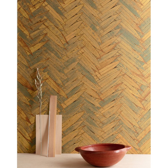 Papel Pintado espiga con hojas de palmera verde y marrón - Khroma Lotus LOT503