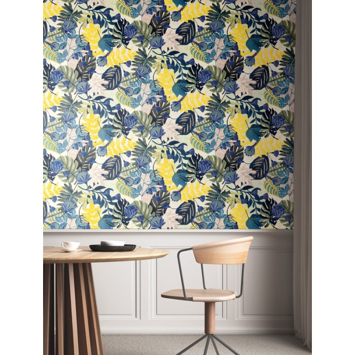 Papeldecor|Wallpaper blue-yellow flowers with original leaf design|Wallpaper