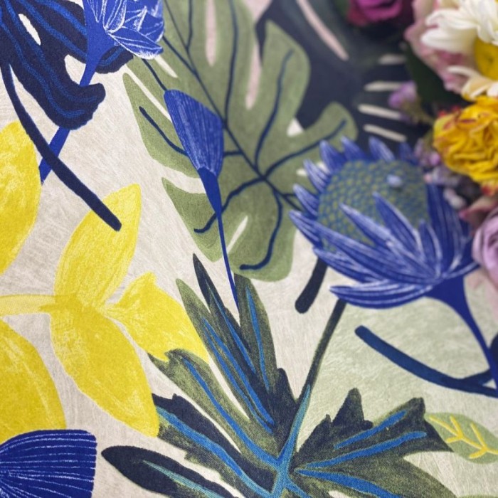 Papeldecor|Wallpaper blue-yellow flowers with original leaf design|Wallpaper