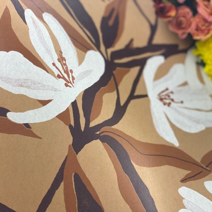 Papeldecor|Papier peint floral marron avec fleurs blanches|Papier Peint
