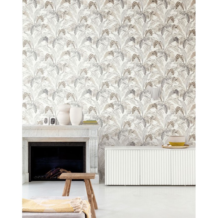 Papeldecor|Wandtapete mit Bananenblättern und beige-grauen Farnen|Tapeten