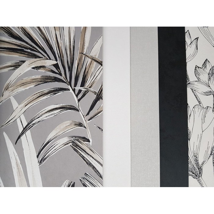 Papeldecor|Papel pintado floral hojas de palma con fondo gris efecto brillo|Papel Pintado