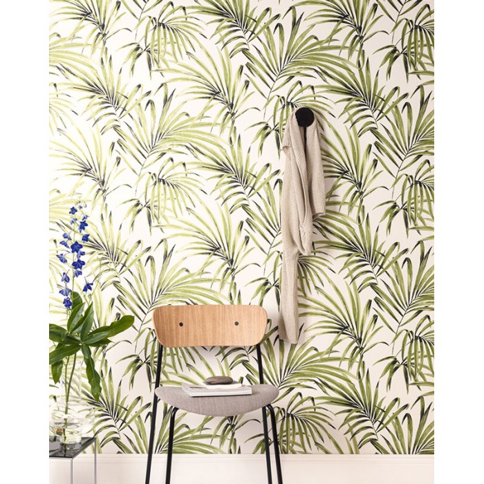 Papeldecor|Papel pintado hojas palma verde y blanco con reflejos plateados|Papel Pintado