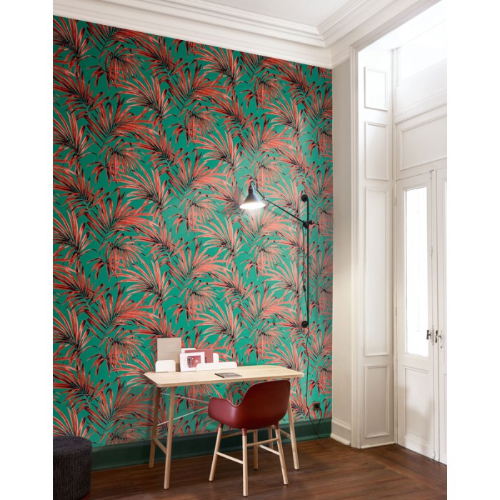 Papeldecor|Tropical green wallpaper with shiny red palm leaves|Wallpaper