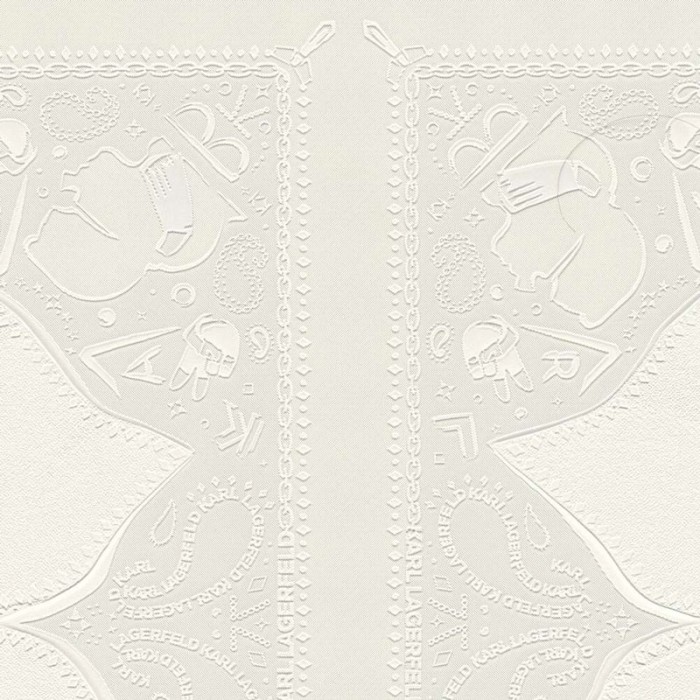 As Creation|Tapete in Knochenweiß mit Karl Lagerfeld-Motiven|Tapeten
