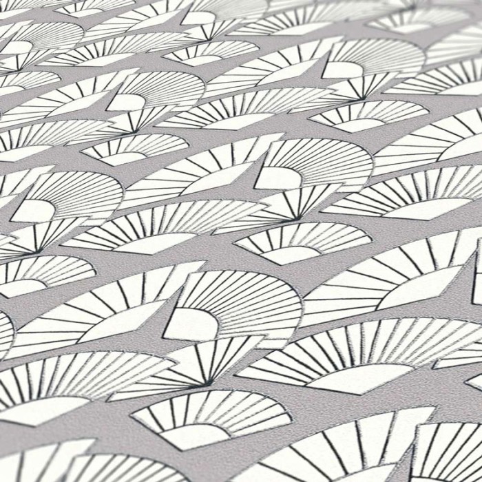 As Creation|Papel Pintado abanicos gris blanco y perfiles plateados|Art Deco