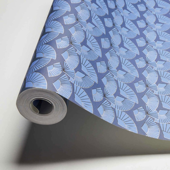 As Creation|Papel Pintado abanicos Karl Lagerfeld azul y plateado|Art Deco
