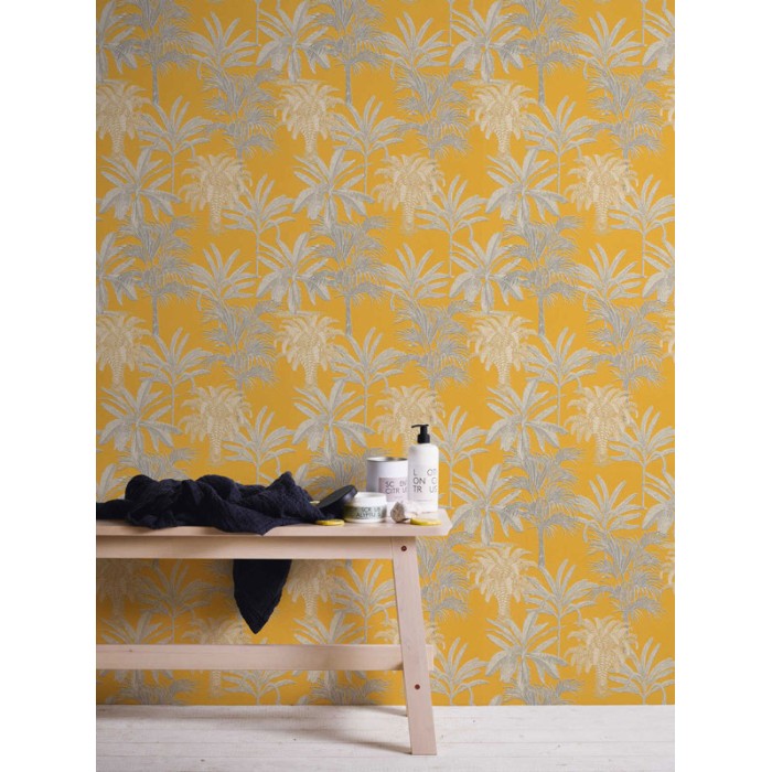 Papel Pintado mostaza con palmeras grises en relieve - As Creation Change Is Good 379833