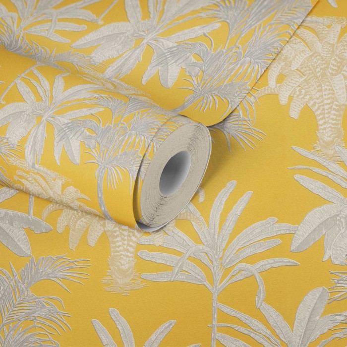 Papel Pintado mostaza con palmeras grises en relieve - As Creation Change Is Good 379833