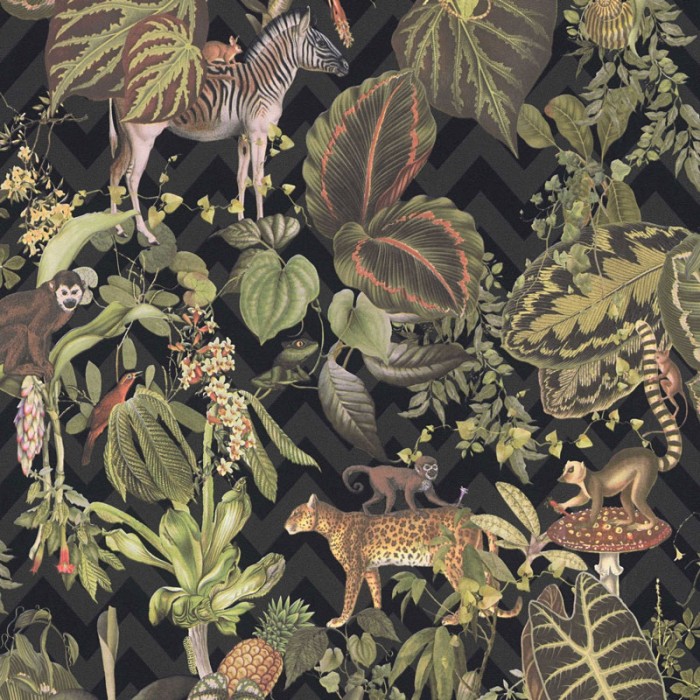 As Creation|Papel Pintado plantas y animales selváticos verde y negro|Papel Pintado