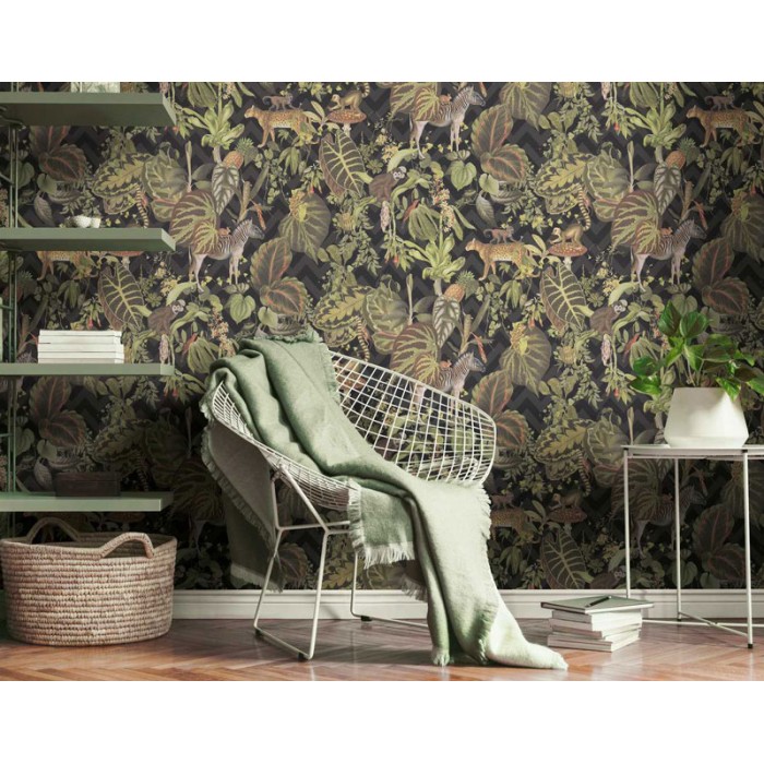 As Creation|Tapete mit grünen und schwarzen Dschungelpflanzen und -tieren|Tapeten