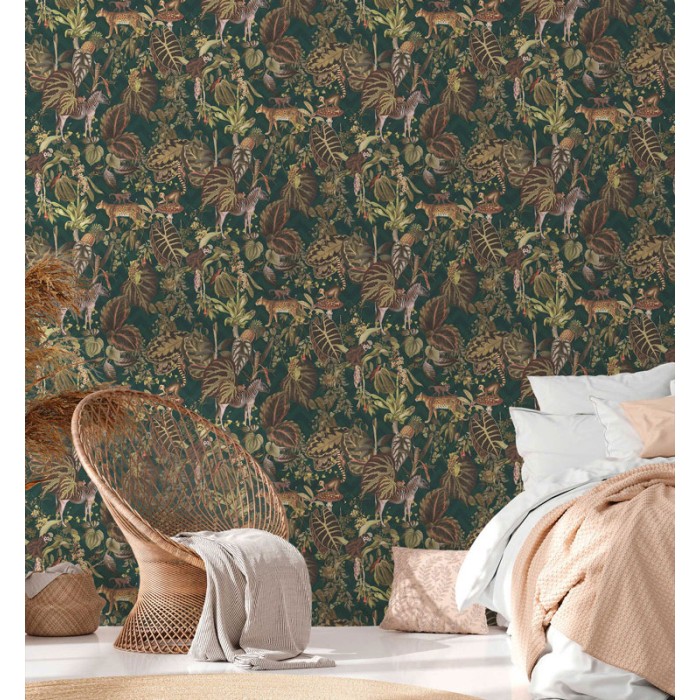 Papeldecor|Papier Peint jungle animaux fond vert|Papier Peint