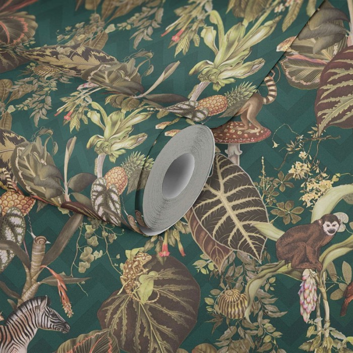 Papeldecor|Papier Peint jungle animaux fond vert|Papier Peint