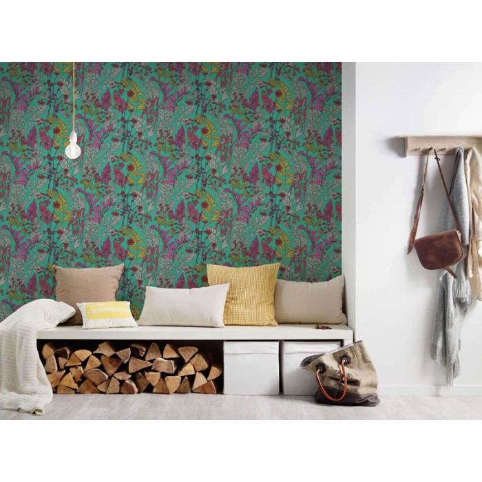 Architects Paper|Papier peint floral scandinave avec motifs dessinés fond vert|Floral