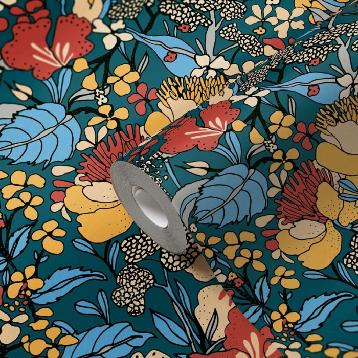 Architects Paper|Papel pintado floral diseño retro azul petróleo multicolor|Retro