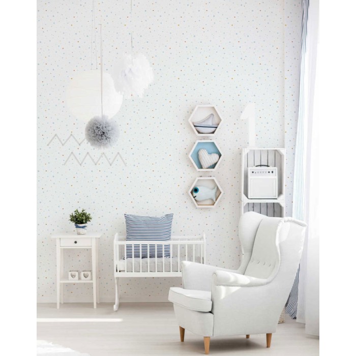 As Creation|Tapete Kinderzimmer mit Aquarellpunkten in Blau und Gelb|Kindertapete