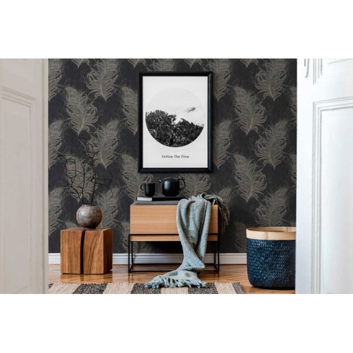 As Creation|Papier Peint style baroque avec des plumes rouges et dorées|Art Déco