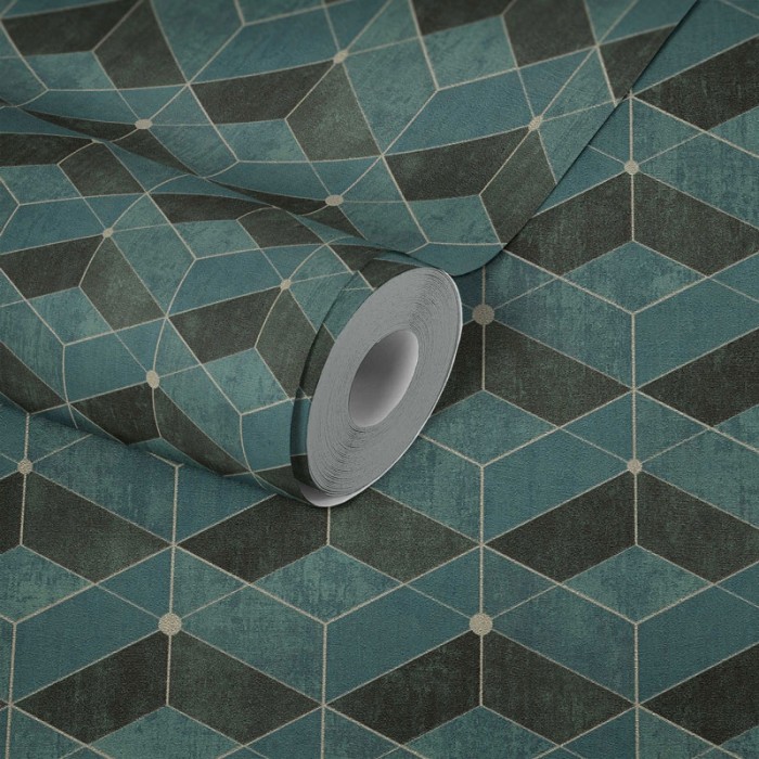 As Creation|Geometric green Wallpaper with metallic details|Geometric