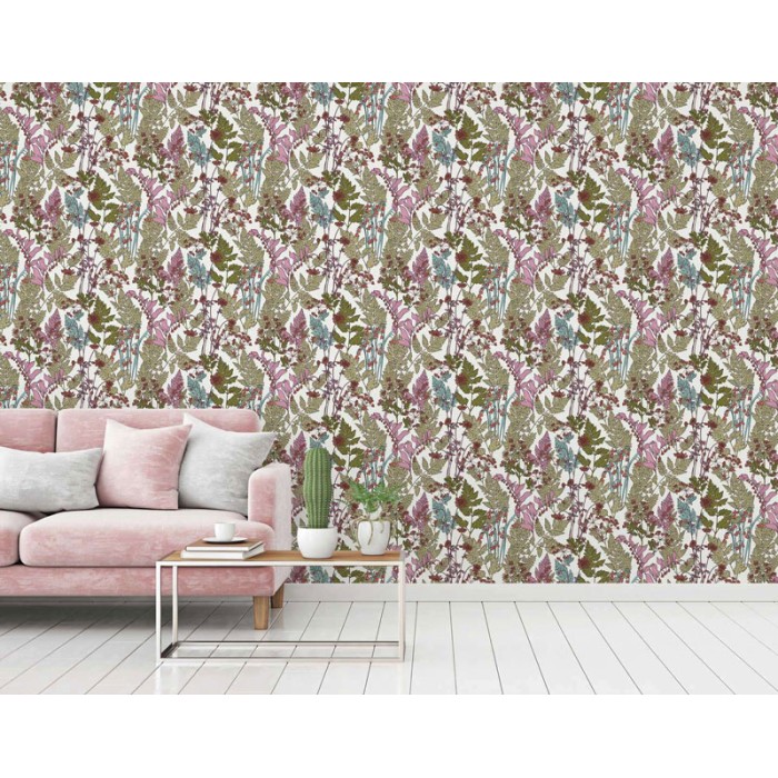 Papeldecor|Wallpaper cheerful Scandinavian floral white-green-pink|Wallpaper