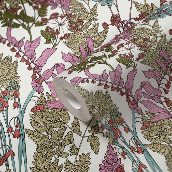 Papeldecor|Wallpaper cheerful Scandinavian floral white-green-pink|Wallpaper