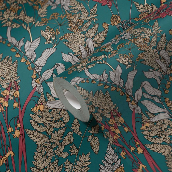 Papeldecor|Papel pintado dibujo de estampado floral silvestre con hojas fondo verde|Papel Pintado