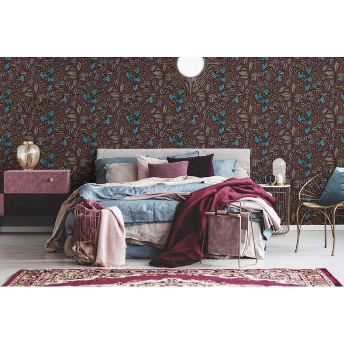 Papeldecor|Tapete mit lila Blumen und Blättern im skandinavischen Stil|Tapeten