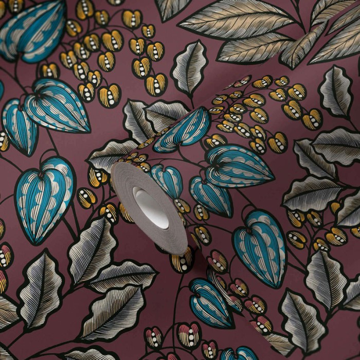 Papeldecor|Tapete mit lila Blumen und Blättern im skandinavischen Stil|Tapeten