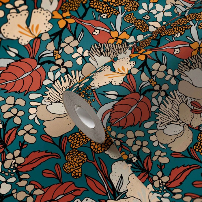 Papeldecor|Papel pintado flores diseño retro años color petróleo|Papel Pintado