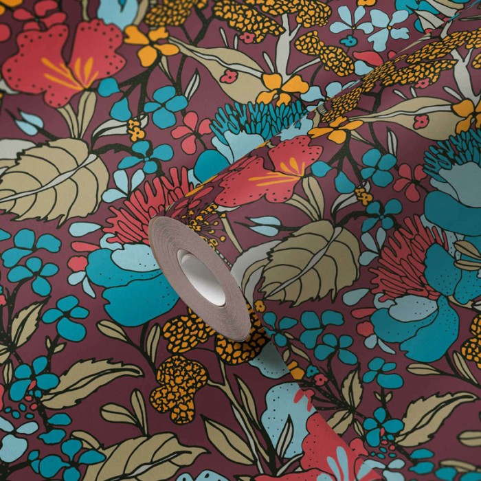 Papeldecor|Papel pintado floral morado con flores diseño retro|Papel Pintado