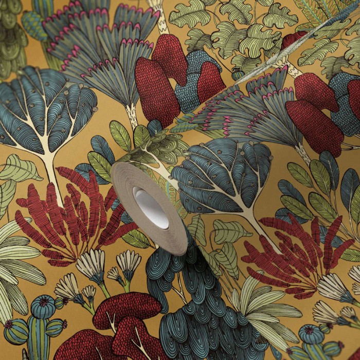 Papeldecor|Mustard yellow wallpaper with minimalist trees|Wallpaper